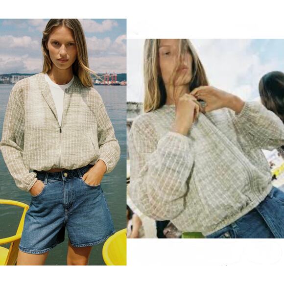 Zara Beige Sheer Textured Zip Up Lightweight Jacket - Picture 1 of 6